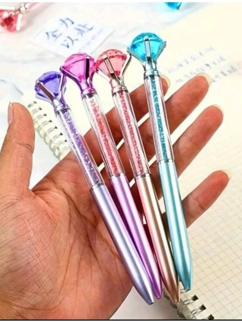 Diamond Pen Set of 4: Purple, Pink, Blue, & Rose Gold - Black ink only - NEW